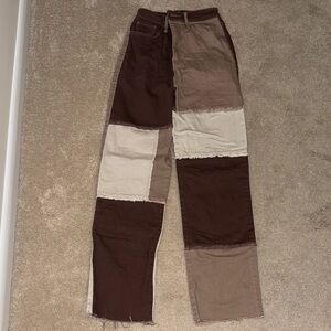 Hollister Patchwork Straight Leg Pants - Brown and Cream